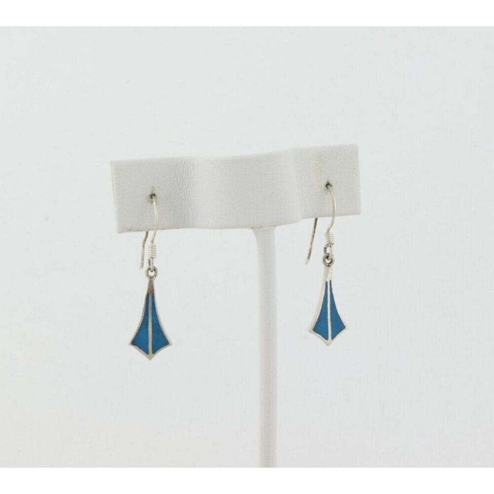 Sterling Silver Inlay Turquoise Earrings Dangle Drop 1 1/4" x 1/4" - Picture 6 of 8